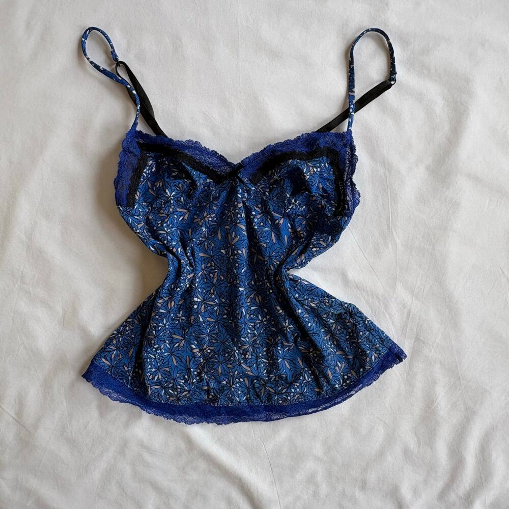 Y2K Etam Blue Floral Lace Trim Cami Top - Size XS